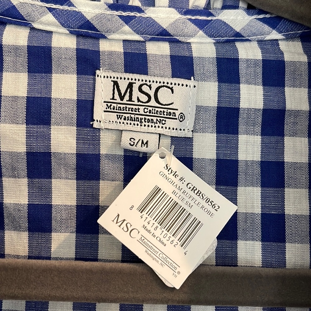 Mainstreet collection Blue Gingham Ruffle Robe “V” initial S/M - Picture 2 of 5
